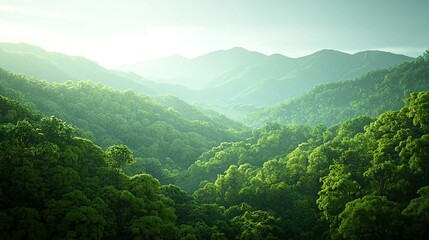 Obraz premium A breathtaking aerial view of a verdant forest surrounded by majestic mountains during daylight hours