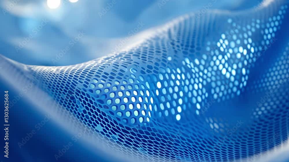 Poster Blue glowing mesh flows gracefully on vibrant blue background creating a mesmerizing visual effect, blue glowing mesh moving on blue background