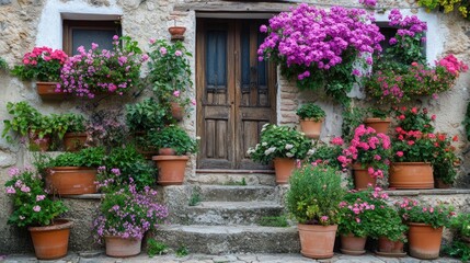 Colorful flower-filled doorway on stone steps