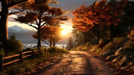 Autumnal Sunset Landscape: Serene Country Road