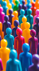 Colorful crowd of plastic figurines with diverse colors and soft lighting

