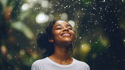 Fototapeta premium A joyful woman enjoying rain in a lush, green environment.