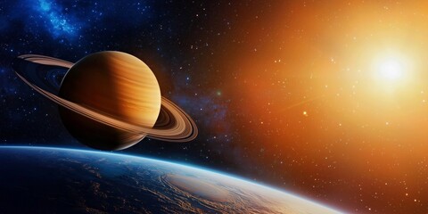 Breathtaking view of Saturn rising above Earth with a radiant sun illuminating the cosmic scene