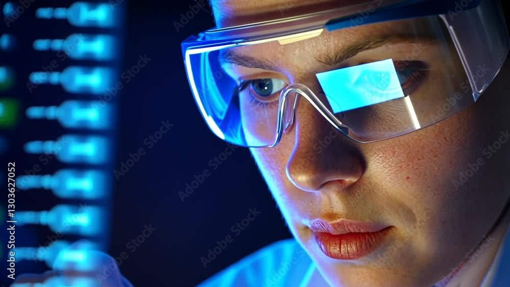 Aufkleber focused female scientist in lab coat analyzes data on digital display screen