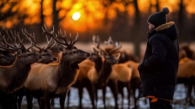 man with deers in the orning sunshine