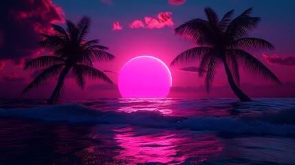Synthwave Sunset Palm Trees and Ocean Waves Retro Style Vivid Pink and Blue Colors