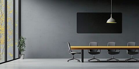 Modern conference room with minimalistic design and large windows on a sunny day