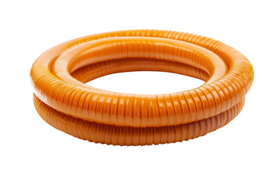 Bright orange coiled tubing lies elegantly against a soft white backdrop in soft natural lighting isolated on transparent background