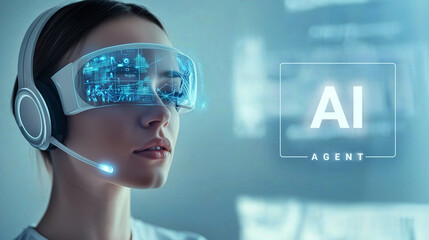 a robot call center agent wearing a headset with microphone