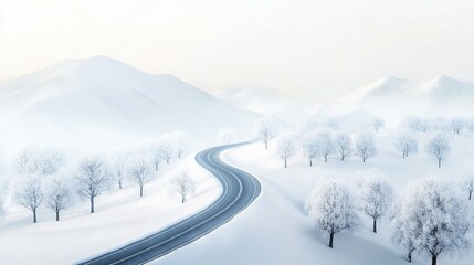 Obraz premium Winding road amidst snowy landscape featuring trees in foreground & mountains in background