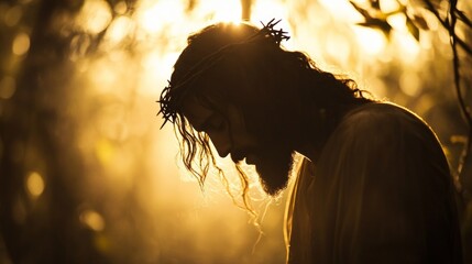 Silhouette of jesus in deep prayer at gethsemane before betrayal and crucifixion scene