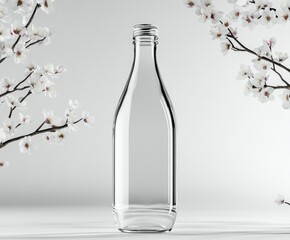 This sleek bottle mockup features a minimalist design, set against a soft natural backdrop enhanced by delicate cherry blossoms, ideal for branding purposes