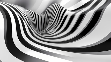 3d abstract black and white stripes smoothly bent ribbon geometrical shape. Illusion - Waterfall. Illustration