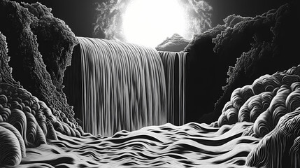 Fototapeta premium A black and white optical illusion with a perspective-bending abstract design that creates a sense of depth and intrigue. Illusion - Waterfall. Illustration