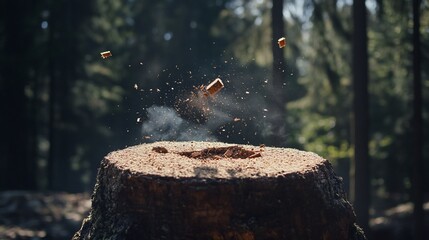 A log stump with wood pieces flying, showcasing a woodworking or logging action.