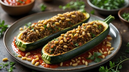 Obraz premium Stuffed Zucchini with Pine Nuts and Herbs on a Ceramic Plate, Ideal for Culinary Photography an