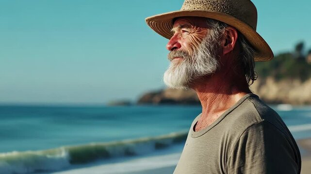 Mature man enjoys a peaceful walk along the beach on a sunny day, A mature 66 year old man enjoying a walk at the beach in Southern California Slow Motion