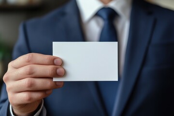 Businessman in a navy suit holding a blank white business card, ideal for branding, corporate identity, networking, and marketing visuals