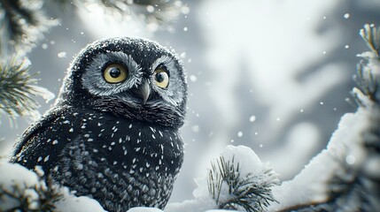   Black owl perched on snowy tree branch, snowflakes falling