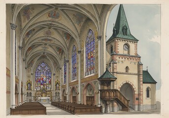 Fototapeta premium Gothic Church Interior: Architectural Watercolor Rendering
