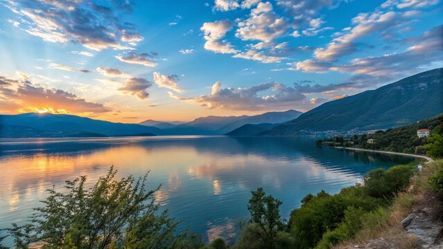  Ohrid lake at sunset, bluw sky