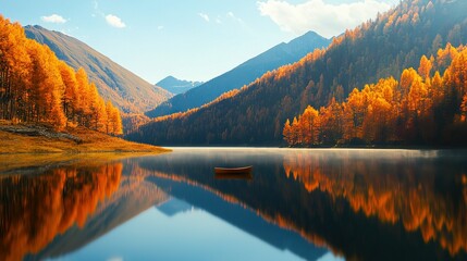 Obraz premium A boat glides atop a lake, surrounded by an orange-yellow forest on a sunny day