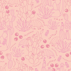 Pink desert monochrome vector seamless pattern with animals, florals and cacti. Perfect for fabric, wallpaper or any kind of creative projects. 