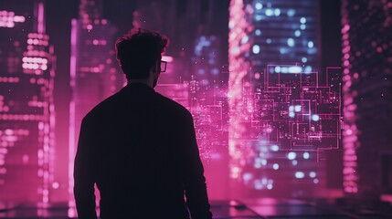 Man silhouetted against a futuristic cityscape illuminated with pink and blue lights