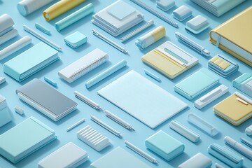 Isometric 3D school supplies background floating books digital tablets pens arranged in a clean modern layout offering a sense of creativity and inspiration leaving space for messaging
