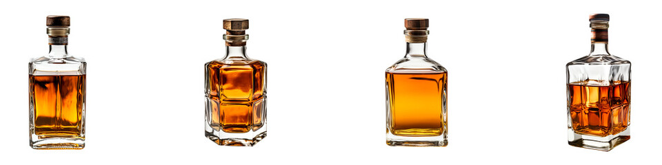 Set of elegant whiskey bottles isolated on transparent background