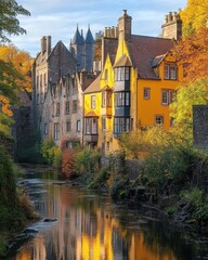 Obraz premium Autumnal Scottish townhouses reflecting in a river