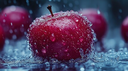 Water-drenched red apple in studio setting with rain drops background
