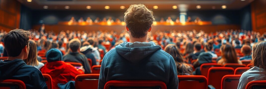 Modern flat design of professor leading lecture in a university hall using clean lines soft colors and clear details that emphasize education with space for informative text