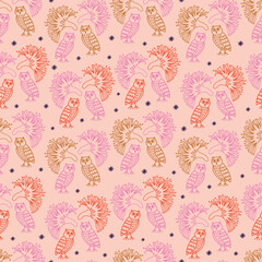 Pink owls seamless pattern - Gold pink owls with decorative flowers. 