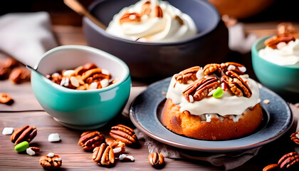 Close-up view of a delectable dessert. It features a pastry topped with creamy frosting and pecan nuts, placed on a plate