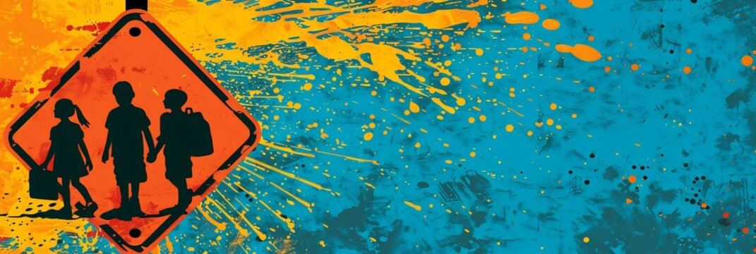 Neonstyled popart school crossing sign showing silhouettes of students holding school supplies creating sense of safety movement toward learning leaving ample blank areas