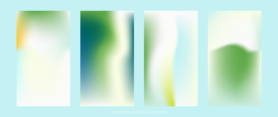 Fototapeta premium Fresh spring minimal stories set. Light green, white vertical vector bg. Pastel gradient background. Simple soft abstract vector texture. Green stories design template for poster, social post, cover
