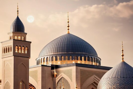 Generative AI image of Islamic design with Ramadan theme with spiritual nuance and Islamic aesthetics reflecting the peaceful and blessed atmosphere of Ramadan.