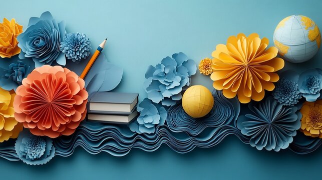 Surreal mixedmedia collage blending colorful paper cutouts of books globes pencils floating midair set against dynamic gradient background ethereal glow perfect inspiring creativity in education