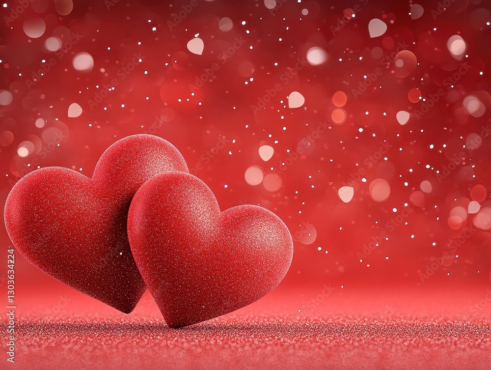 Poster two glittery red hearts on a festive red background with soft bokeh lights