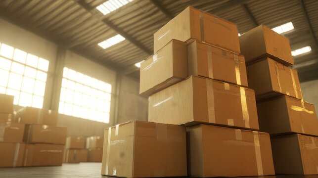 Stacked cardboard boxes in a spacious warehouse with natural light shining through windows creating a warm atmosphere for storage and logistics operations