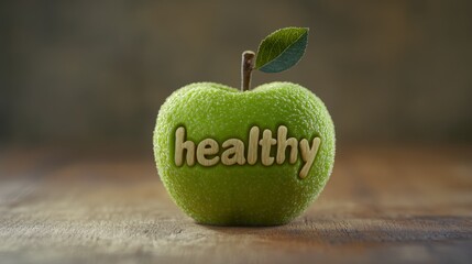 Green apple with carved word "healthy". Healthy food concept