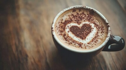 A Close-Up of a Heart-Shaped Cocoa Pattern on Creamy Coffee in a Black Mug with a Wooden Surface Background, Perfect for Cozy Moments and Coffee Lovers