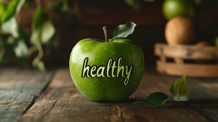 Green apple with carved word "healthy". Healthy food concept