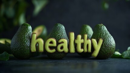 Avocado with word healthy carved out. Healthy food concept