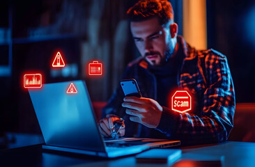 Scam Alert Warning with Cybersecurity Icons. Man holding smartphone while using laptop, warning sign for scams with icons online threats, phishing, cybersecurity, Unknown person, suspicious scammer,