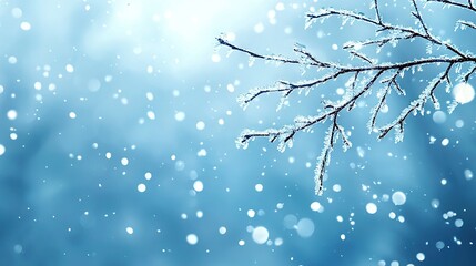   A close-up photo of a tree branch adorned with snowflakes, with a blue sky visible in the background