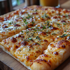 Cheesy pizza breadsticks on wooden board in cafe