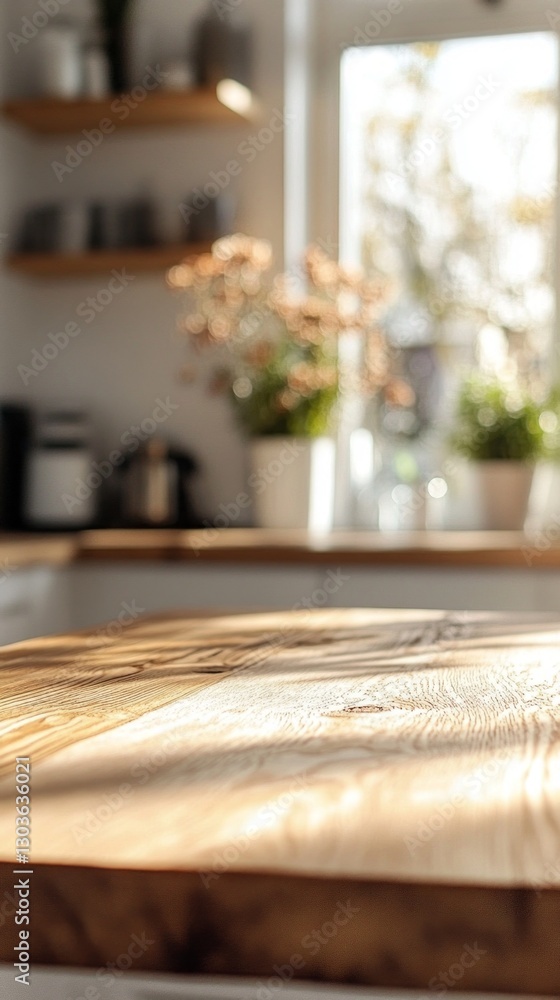 Poster Sunlight streams through the kitchen window, casting warm shadows across a rustic wooden table. Potted plants add a touch of green, creating a cozy and inviting atmosphere