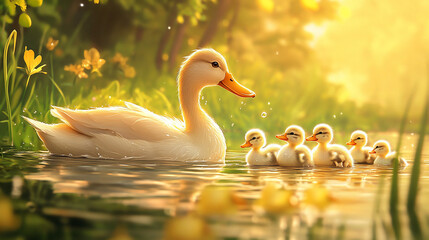A mother duck with her ducklings swimming in a serene pond.